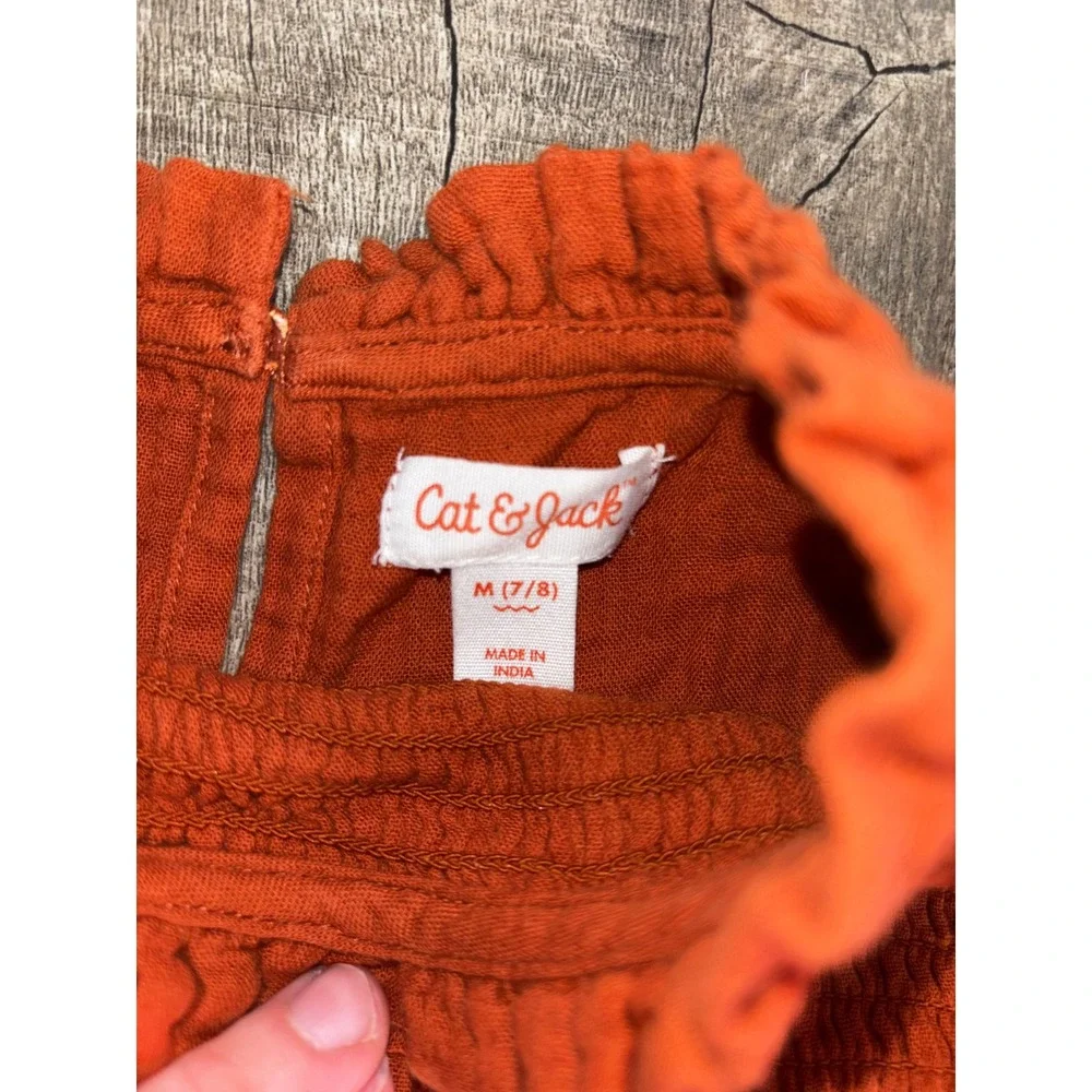 Girls Burnt Orange Smocked Ruffle Top with Pink Eyelet Lace Trim Long‎ Sleeve